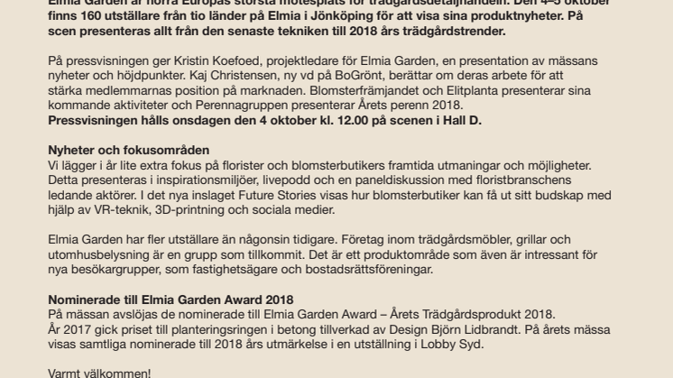 Pressinbjudan: Trädgårdstrender och tekniska framtidsspaningar på årets Elmia Garden