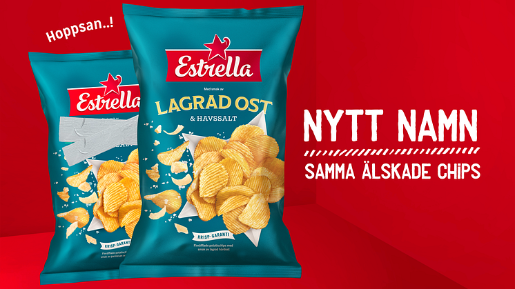 Estrellas potatischips "Parmesan & Havssalt" byter namn till "Lagrad Ost & Havssalt." 1 december 2023.