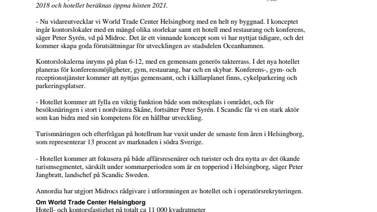 Midroc utvecklar World Trade Center Helsingborg med Scandic som hotelloperatör  
