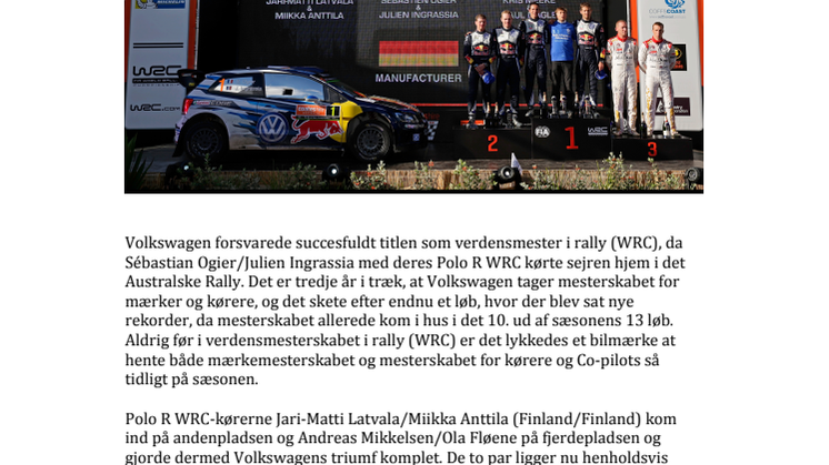 ​Volkswagen vinder verdensmesterskabet i rally for tredje gang