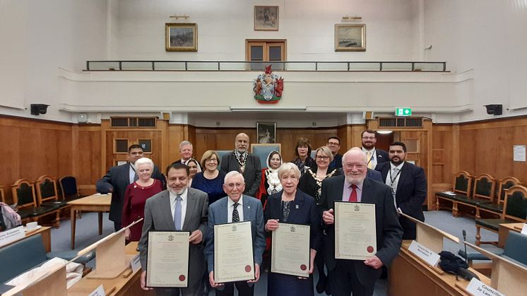The four new Freemen of Bury: Akram Baig, Itzik Alterman, Dorothy Gunther and Trevor Holt.