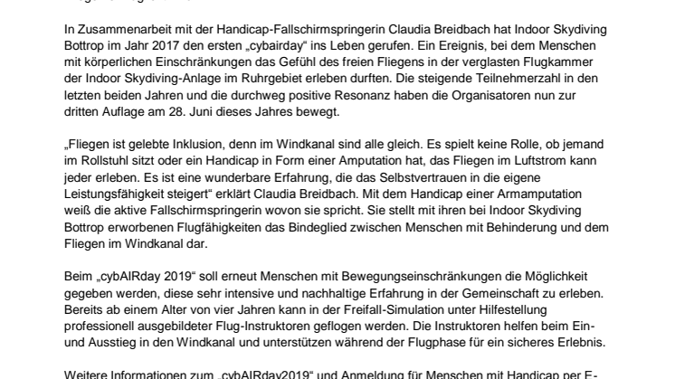 Menschen mit Handicap fliegen am 28. Juni 2019 im Windkanal Bottrop