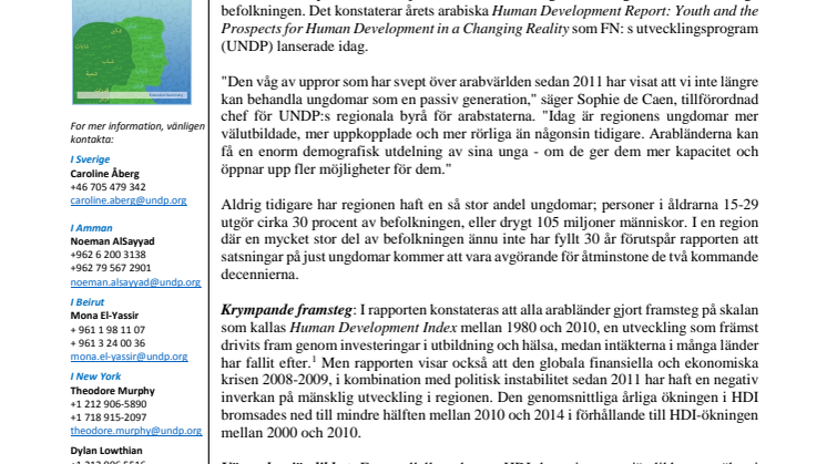 Nu släpps Arab Human Development Report 2016: Att stärka de unga blir avgörande för fred och utveckling i Mellanöstern
