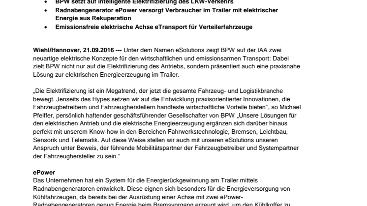 eSolutions von BPW: Elektrisierende Ideen für emissionsfreien Antrieb und Energiegewinnung im Trailer