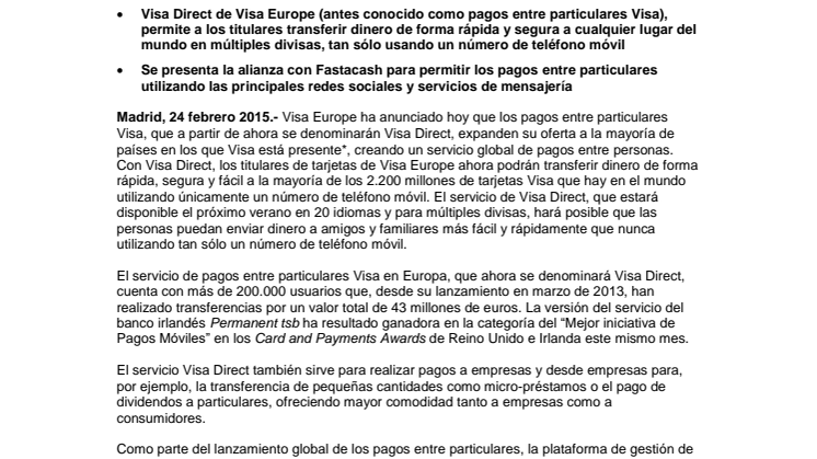 Visa Europe extiende los pagos entre particulares a nivel global y se asocia con Fastacash para integrarlos con las principales redes sociales