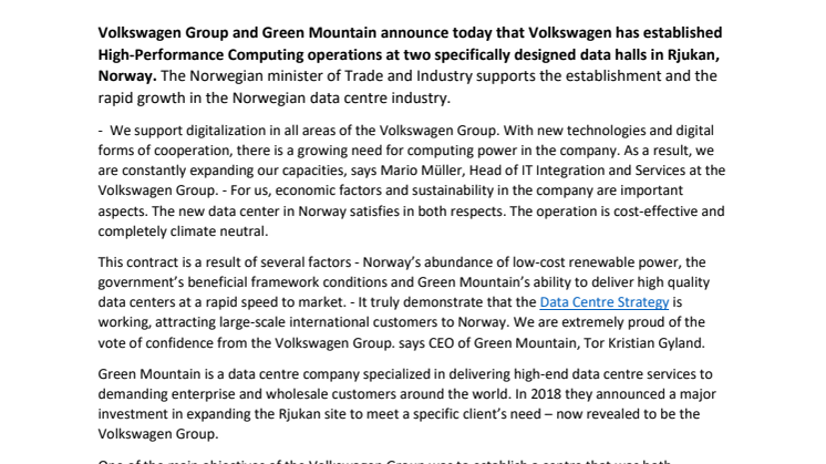 Volkswagen Group officially opens data centre at Green Mountain’s colocation site in Norway - powered by 100% renewable energy.