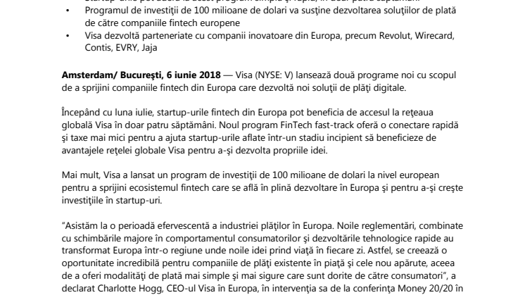 Visa oferă acces rapid la reţeaua sa şi investiţii de 100 milioane de dolari în companiile fintech europene