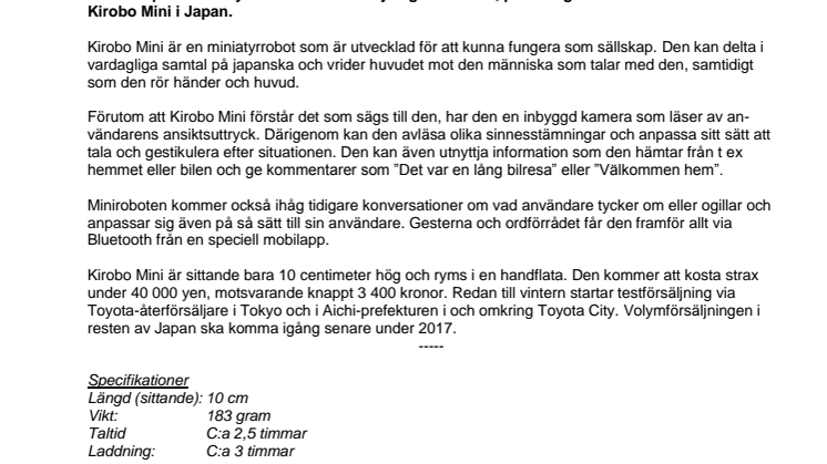 Toyota börjar sälja sällskapsroboten Kirobo Mini