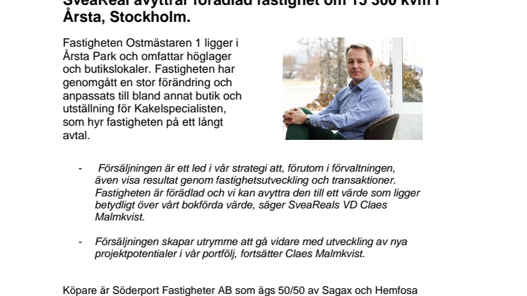 SveaReal avyttrar förädlad fastighet om 15 300 kvm i Årsta, Stockholm. 