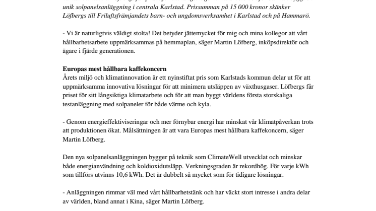 Löfbergs vann miljö- och klimatpris 