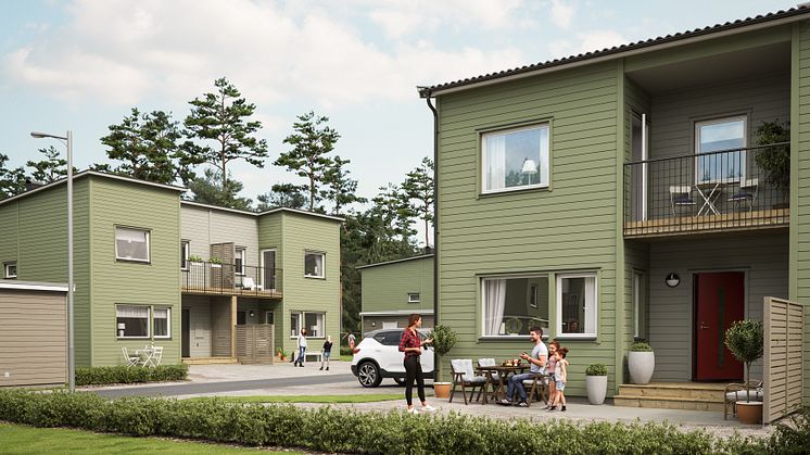 Illustration av entrésida med förstukvist & balkong, BoKlok Hjälmen i södra Hemlingby, Gävle. 