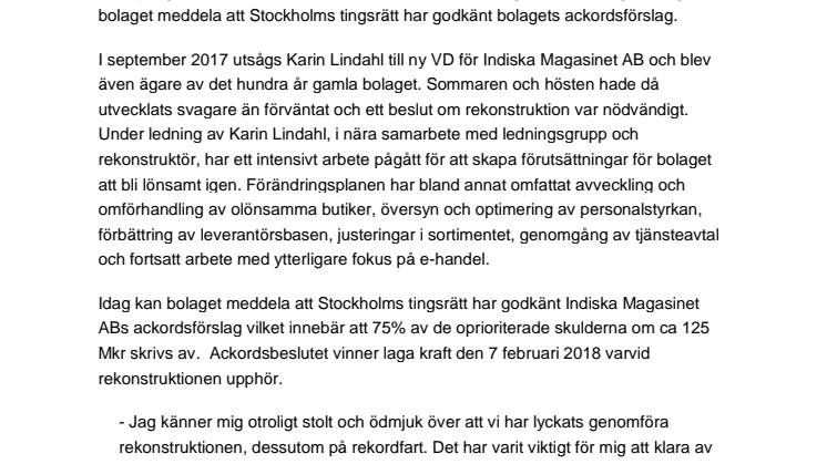 Stockholm tingsrätt har godkänt Indiska Magasinet ABs ackordsförslag