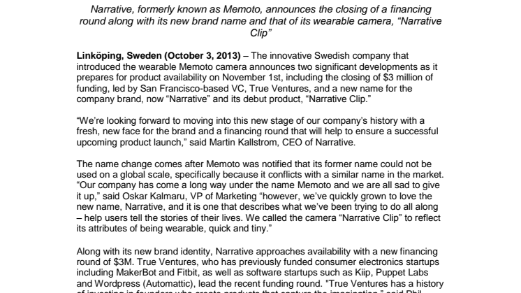 Memoto byter namn till Narrative och tar in ny finansiering på 3 miljoner USD