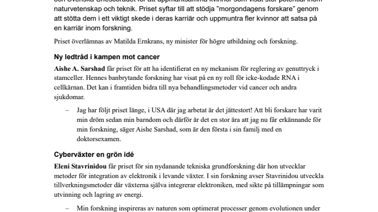 Unga kvinnor belönas för forskning om elektroniska växter och stamceller
