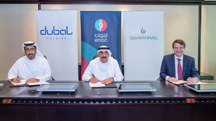 Left to right: Ahmad Bin Fahad, CEO of Dubal Holding, His Excellency Saif Humaid Al Falasi, Group CEO, ENOC and Chris Lach, CCO of Quantafuel