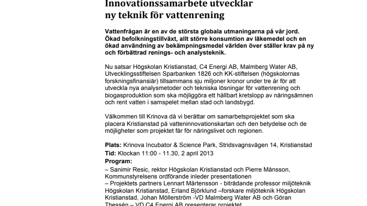 Pressinbjudan: Innovationssamarbete utvecklar ny teknik för vattenrening