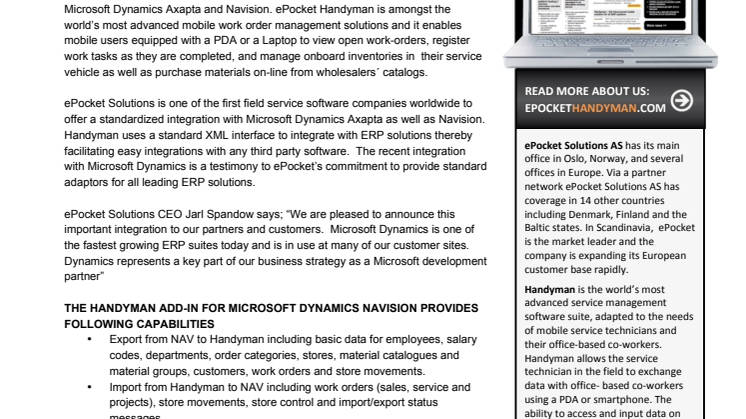 ePocket Handyman är nu integrerat med Microsoft Dynamics för mobil orderhantering.