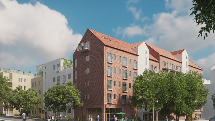 Så här kan kvarterets sydvästra hörn komma att se ut, sett från korsningen Öresundsvägen/Kobjersvägen. Illustration: Sweco Architects
