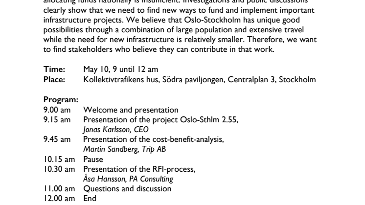 Stakeholder meeting on RFI Oslo-Stockholm