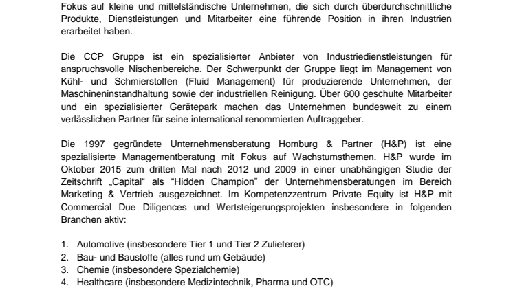 Homburg & Partner berät INVICTO beim Erwerb der CCP Gruppe