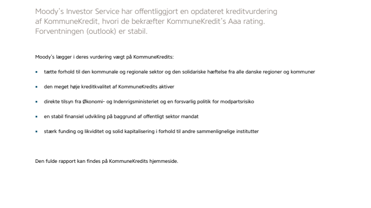 Moody’s bekræfter KommuneKredits Aaa rating