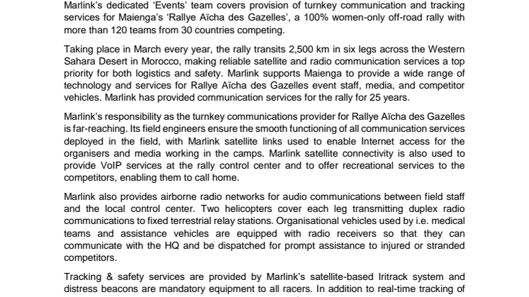 Marlink: New Contract Secures Turnkey Communication Services for Rallye Aïcha des Gazelles