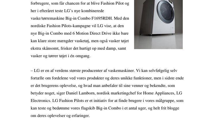 BLIV FASHION PILOT OG TEST LG ELECTRONICS NYE KOMBINEREDE VASKEMASKINE/TØRRETUMBLER