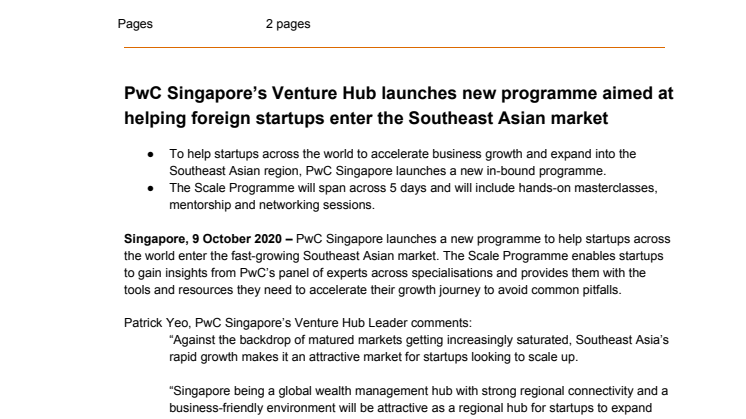 PwC Singapore’s Venture Hub launches new programme aimed at helping foreign startups enter the Southeast Asian market