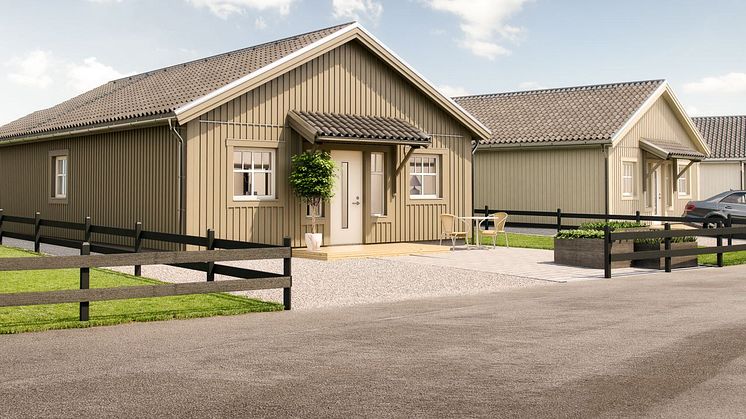 Brf Dora Lindgrens väg 2 - 3D-bild av enplanshusens framsida.