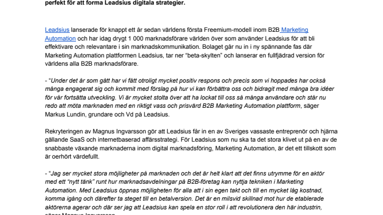 Svenska Marketing Automation företaget Leadsius knyter till sig internetentreprenören Magnus Ingvarsson