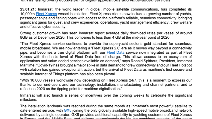 Inmarsat Passes 10,000-Vessel Fleet Xpress Installation Milestone