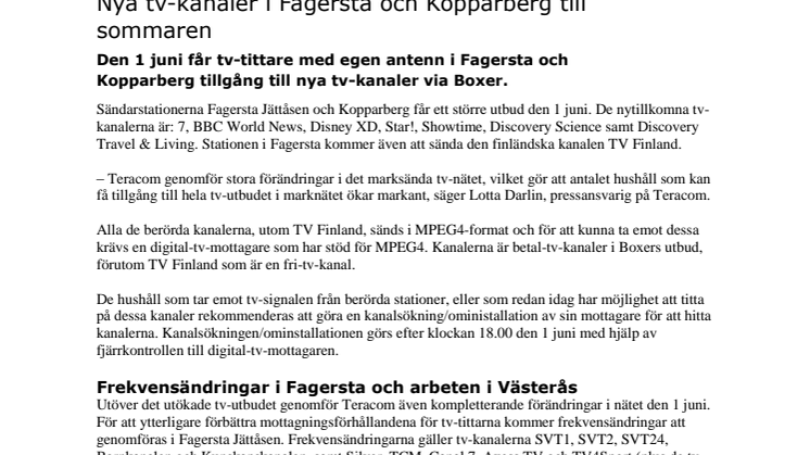 Nya tv-kanaler i Fagersta och Kopparberg till sommaren