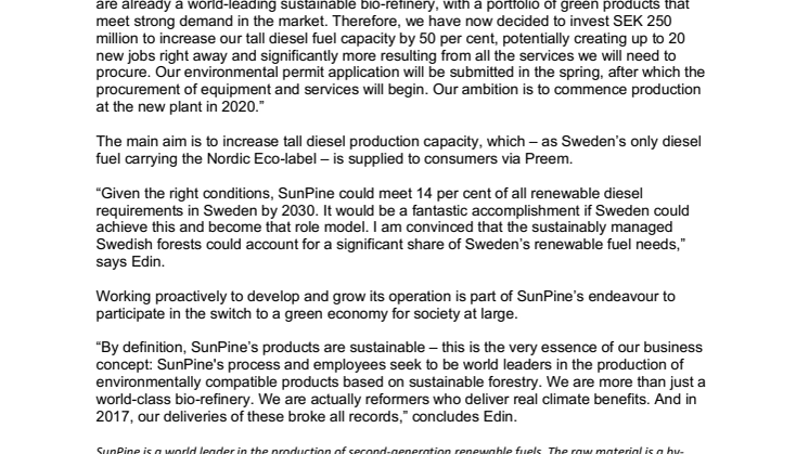 English press release - SunPine to invest SEK 250 million in new plant