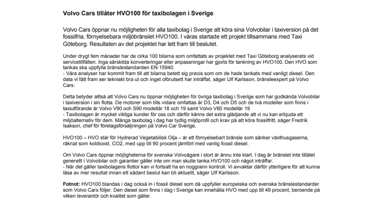 Volvo Cars tillåter HVO100 för taxibolagen i Sverige