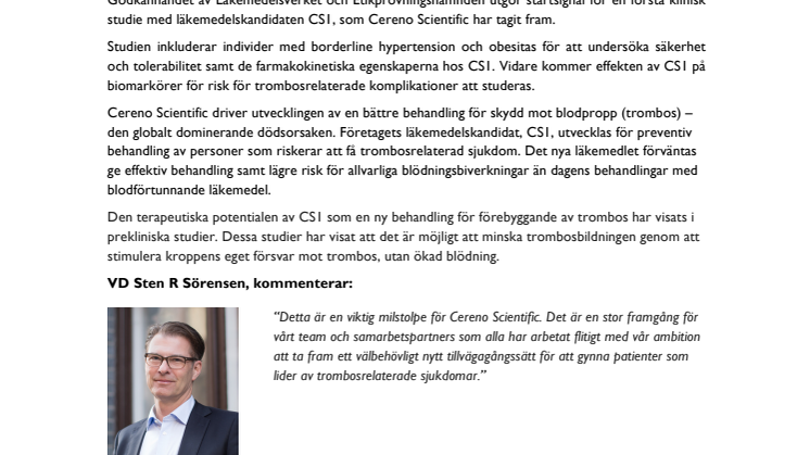 Cereno Scientific får godkännande för att starta klinisk studie med sin läkemedelskandidat CS1