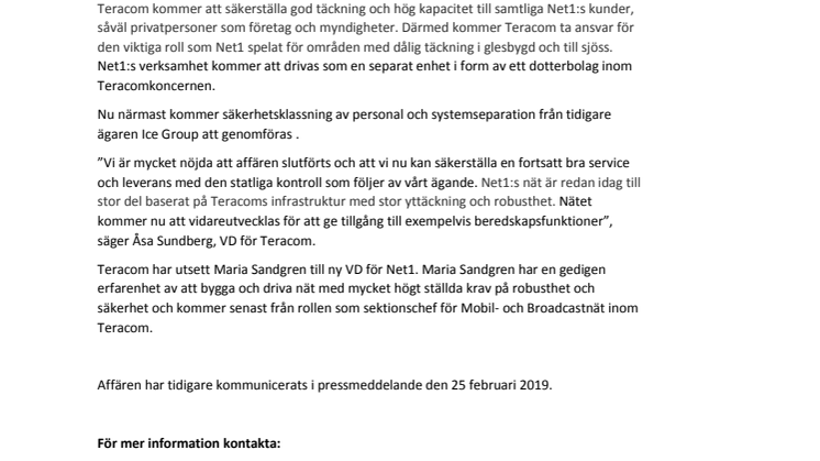 ​Teracom har slutfört förvärvet av Net1