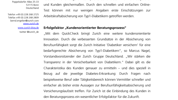 Zurich QuickCheck ermöglicht erste Einschätzung zur Versicherbarkeit von Typ1-Diabetikern 