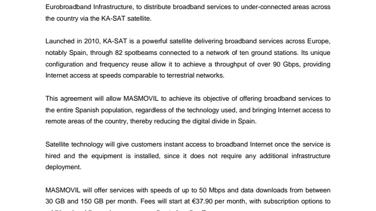MASMOVIL Group to provide satellite broadband services throughout Spain via KA-SAT 