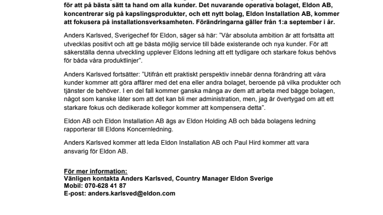 Eldon tar ett ytterligare steg på den svenska marknaden