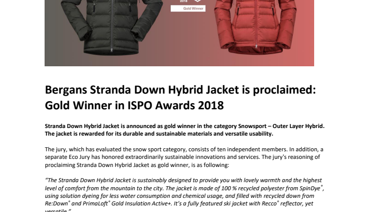Bergans Stranda Down Hybrid Jacket is proclaimed: Gold Winner in ISPO Awards 2018