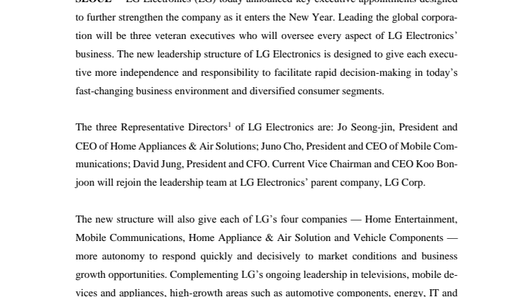 LG ELECTRONICS ANNOUNCES KEY LEADERSHIP CHANGES TO ENHANCE FLEXIBILITY AND DECISION-MAKING FOR 2016