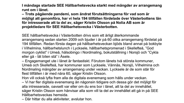 Stark start på SEE Hållbarhetsvecka som innehåller 60 olika arrangemang fördelat på 194 tillfällen 
