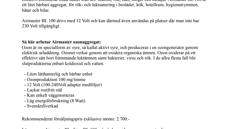Airmaster BlueLine BL 100, ett litet effektivt luktsaneringsaggregat.