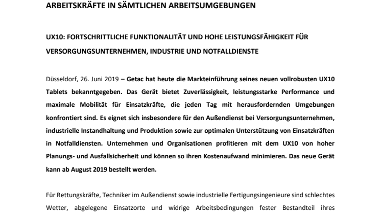 MAXIMALE ZUVERLÄSSIGKEIT FÜR DEN AUSSENDIENST: DAS NEUE VOLLROBUSTE UX10 TABLET VON GETAC UNTERSTÜTZT MOBILE ARBEITSKRÄFTE IN SÄMTLICHEN ARBEITSUMGEBUNGEN