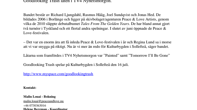 Goodlooking Trash i TV4 Nyhetsmorgon - spelar även på Kulturbygden i Sollefteå kommande helg
