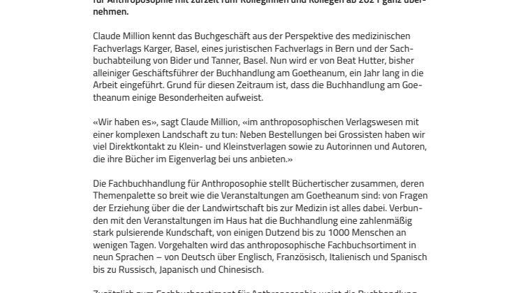 «Direktkontakt zu Klein- und Kleinstverlagen». Buchhandlung am Goetheanum: Neuer Co-Geschäftsführer Claude Million