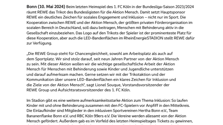 REWE macht Platz: 1. FC Köln spielt mit Logo der Aktion Mensch auf dem Trikot