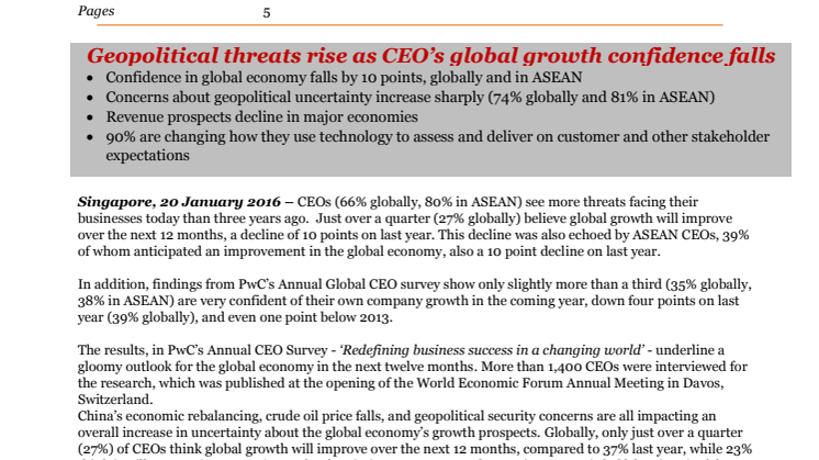 Geopolitical threats rise as CEO’s global growth confidence falls