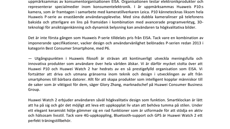  Huaweis P10 och Watch 2 tilldelas pris från EISA