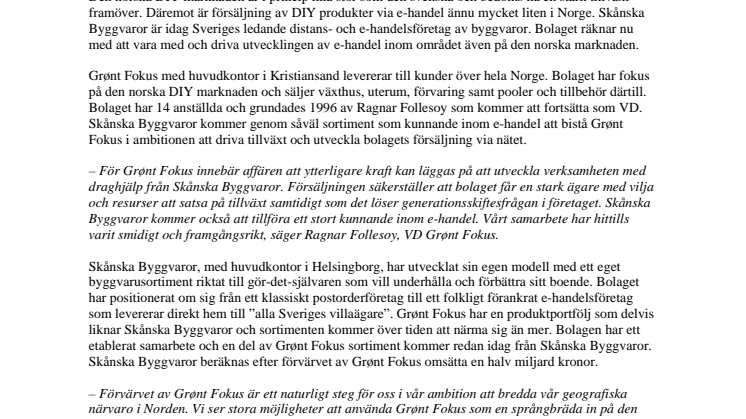 Skånska Byggvaror AB förvärvar Grønt Fokus AS i Norge